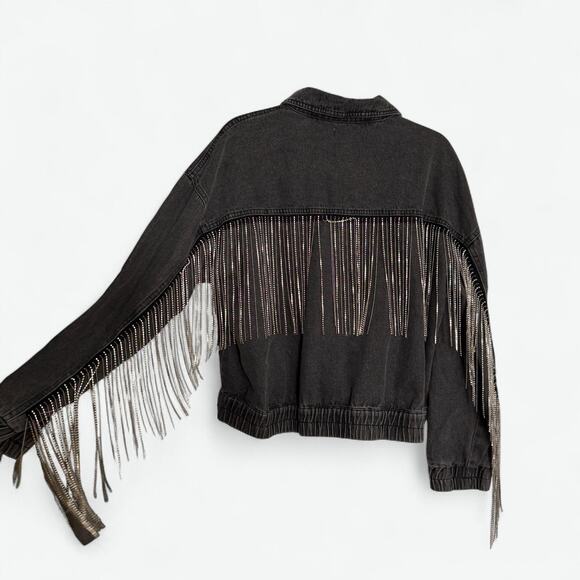 Le Lis Jacket Womens Large Black Denim Rhinestone Chain Fringe Western MJ4600 - Picture 1 of 13